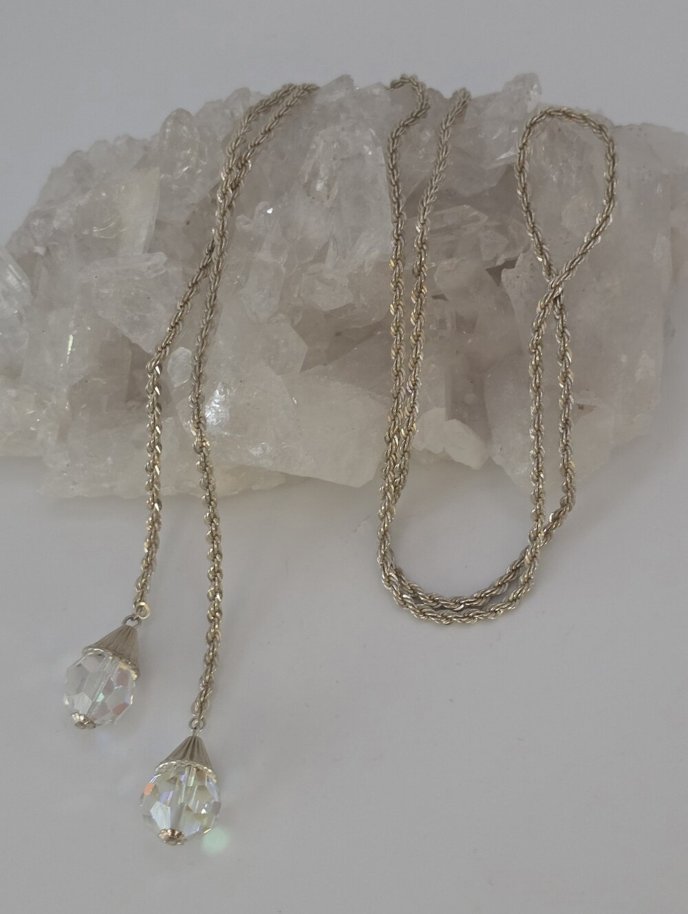 Sterling Silver Diamond Cut Rope Chain & Aurora Borealis Crystal Lariat Necklace